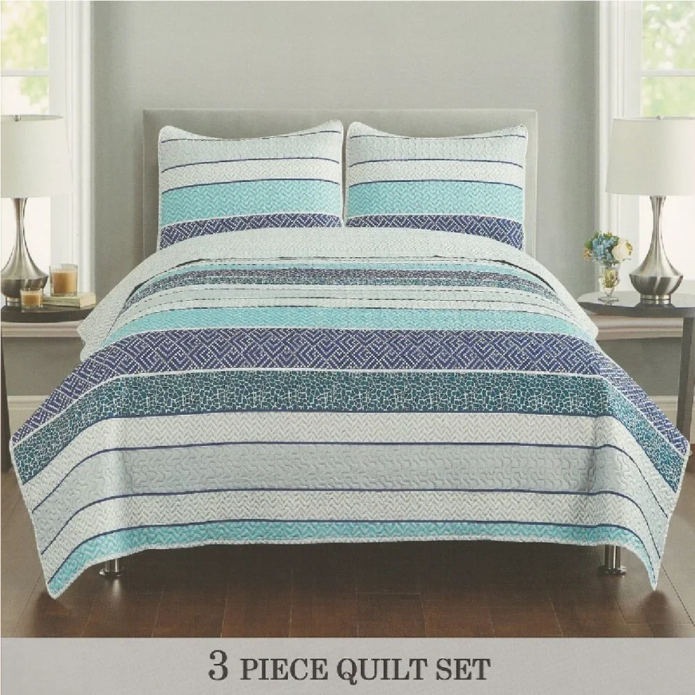 3 Piece Quilted Bedspread Set - White Blue Green Gray Stripes Full/Queen & King
